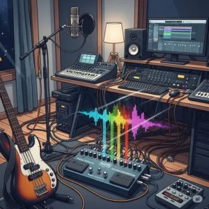 An illustration depicting a bass multi effects pedal integrated into a home studio recording setup for versatile bass tones.