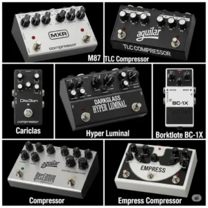 A collage or visual representation of several highly-rated and popular best bass compressor pedal, showcasing their designs.