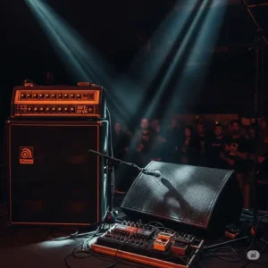 A powerful tube bass amp setup on stage at a live music venue, illuminated by stage lights, ready to deliver deep bass for a performance.