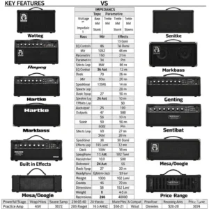 A clear and concise chart comparing key features and specifications of various top-rated bass guitar amps, aiding in the selection process.
