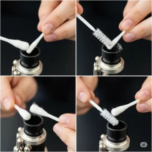 Demonstration of proper cleaning techniques for a bass clarinet mouthpiece, ensuring hygiene and longevity.