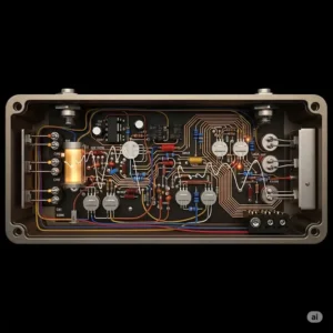 Artistic rendering of the internal circuitry of a **bass distortion pedal**, hinting at the technology behind its powerful sound.