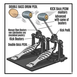 Illustration depicting two bass drum beaters engaged with a double bass drum pedal, showcasing the setup for drummers using this advanced technique.