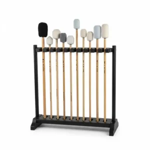 An organized rack showcasing various bass drum mallets, emphasizing proper storage to maintain their condition and extend their lifespan.