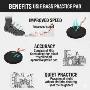 An infographic illustrating the benefits of using a bass drum practice pad, such as improved speed, accuracy, and quiet practice.