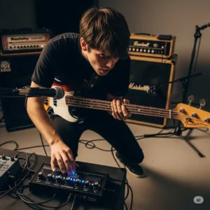 An image of a bass guitarist actively using a best bass compressor pedal during a performance or practice session.