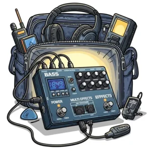 Illustration focusing on the power supply and portable nature of a bass multi effects pedal, highlighting its convenience for musicians on the go.