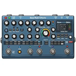 An illustration showcasing the user interface of a bass multi effects pedal for creating and saving custom patches or presets.