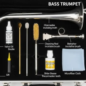 A collection of essential cleaning and maintenance tools specifically designed for the proper care of a bass trumpet.