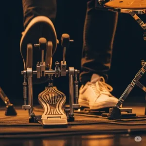 A close-up of a drummer's feet demonstrating advanced footwork techniques on a double bass pedal, illustrating the precision and control achievable with a high-quality best double bass pedal.