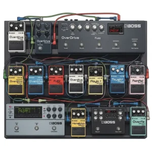 Overhead view illustration of a diverse Boss bass pedals pedalboard setup, showcasing various Boss pedals connected, demonstrating a comprehensive bass effects rig.