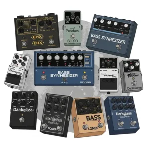 An illustration showcasing a variety of bass synthesizer pedals from different brands, highlighting the diverse options available to bassists.
