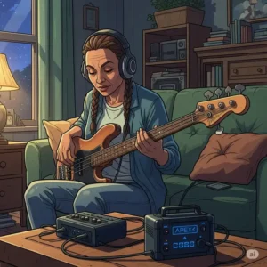 Bass player practicing quietly at home using a battery powered bass amp with headphones, ideal for late-night sessions.