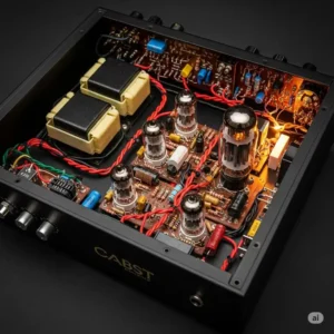 An internal shot of a tube bass amp chassis, revealing the organized layout of components, wiring, and the glowing vacuum tubes, showing the quality build.