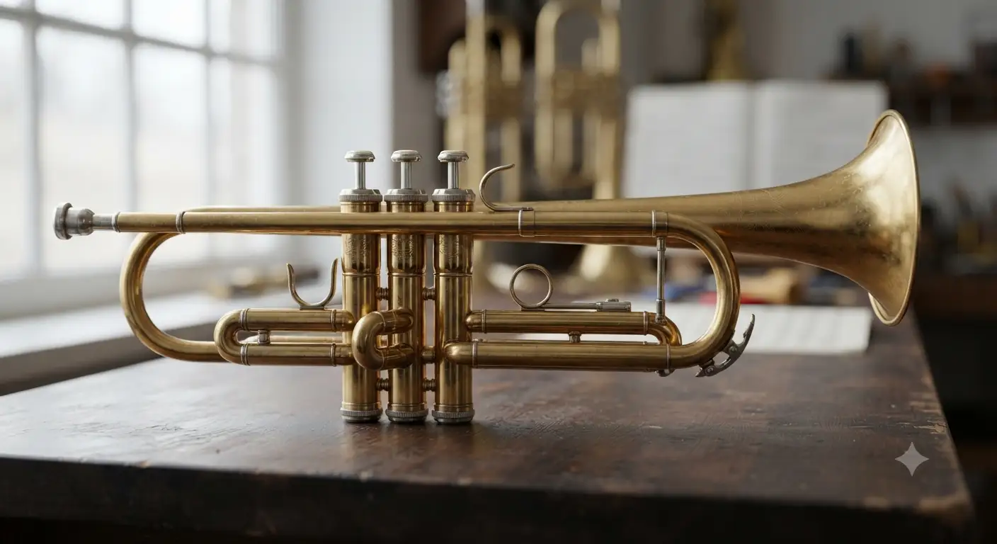 A close-up view of a professional brass bass trumpet showcasing its valves and intricate tubing.