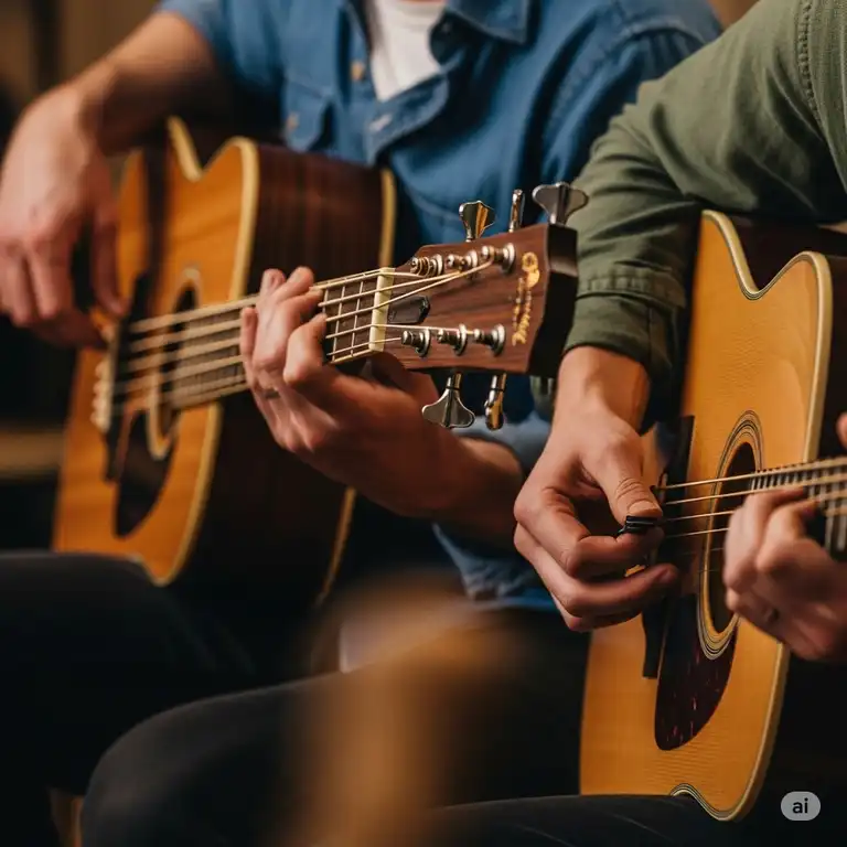 A close-up shot of two musicians playing a bass and acoustic guitar together, with a focus on their hands and instruments.