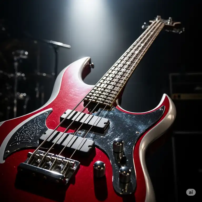 A close-up of a powerful, gleaming bass axe guitar with a spotlight highlighting its unique design, ready for a rock performance.