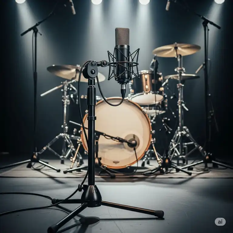 Professional bass drum mic stand setup on stage, featuring a durable stand and high-quality microphone for optimal low-end sound capture.