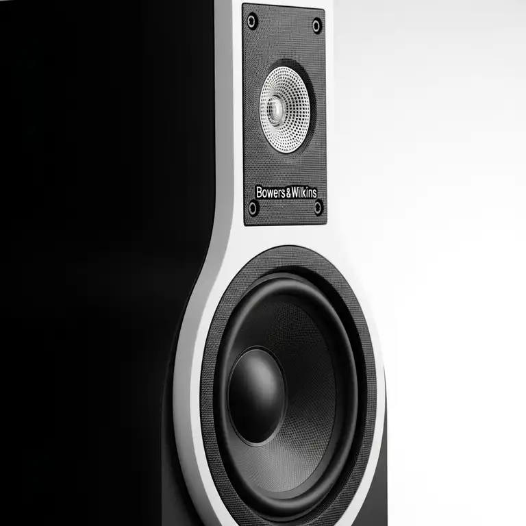 "Bowers & Wilkins premium black and white audio device, showcasing its elegant design and powerful sound capabilities. b&w bass speaker."