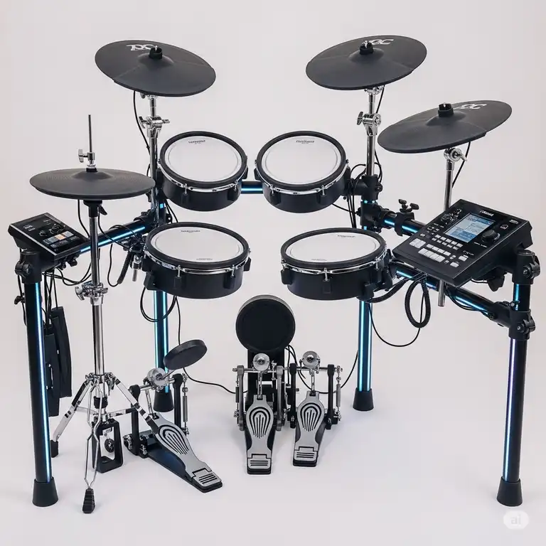 A professional double bass electronic drum set with two bass drum pedals, showcasing its modern design and versatile sound capabilities.