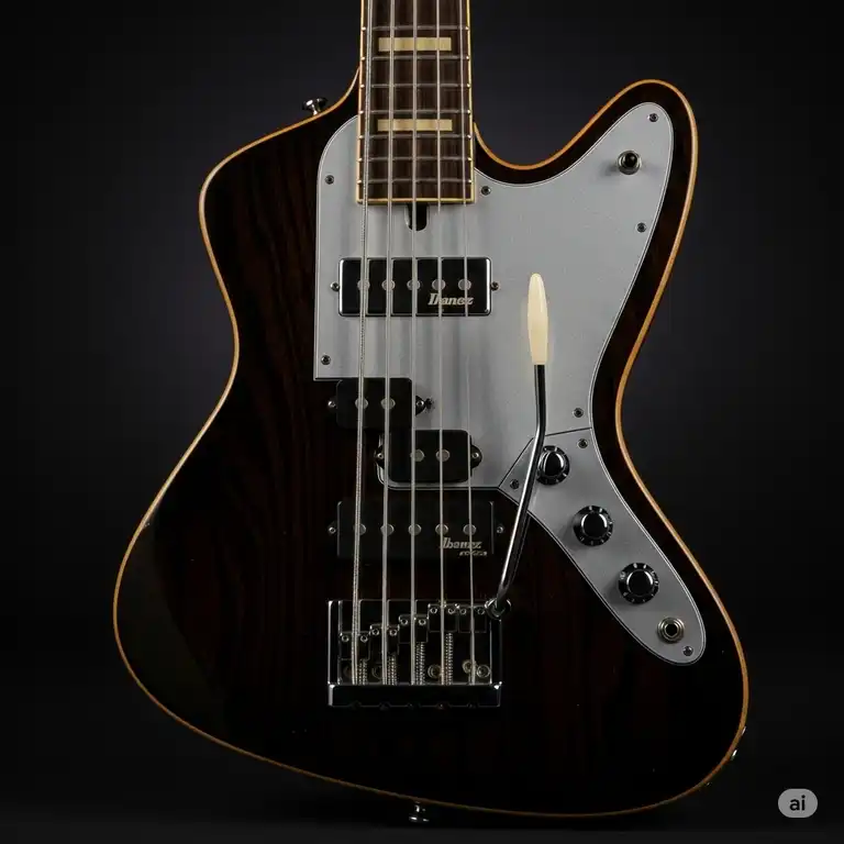 "Close-up of a vintage Ibanez Iceman bass guitar in a dark studio, highlighting its distinctive body shape and chrome hardware, ideal for rock and metal musicians."