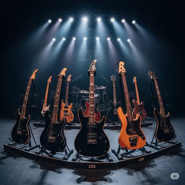 LTD electric guitar and bass guitars displayed on a stage, showcasing their sleek designs and premium finish.