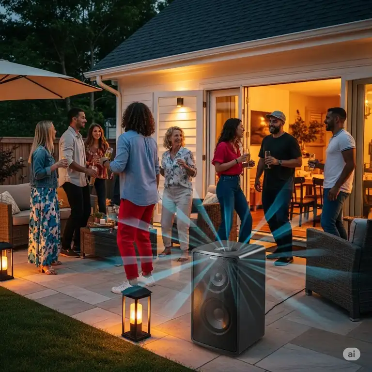 Powerful outdoor bass speaker delivering deep, rich sound in a backyard patio setting, perfect for parties and gatherings.