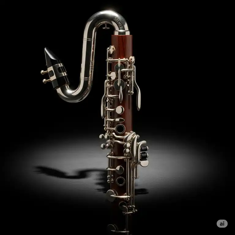 A close-up of a gleaming Selmer bass clarinet, showcasing its intricate keywork and rich, dark wood finish, poised for performance.
