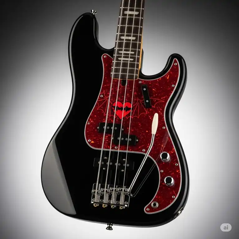 Squier Pete Wentz Signature Precision Bass in black, showcasing its unique red bat/heart inlay and custom hardware.