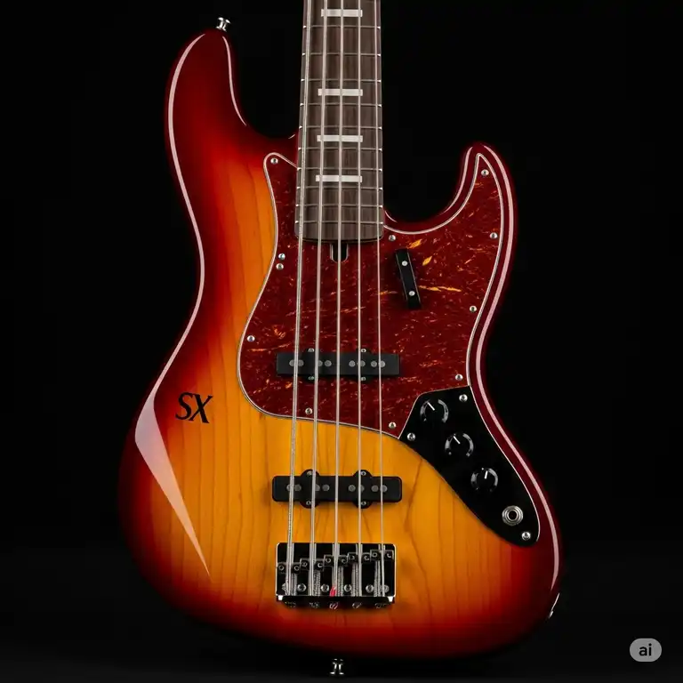 "Close-up of a vibrant SX bass guitar, showcasing its classic design and smooth finish, perfect for bass enthusiasts and musicians."