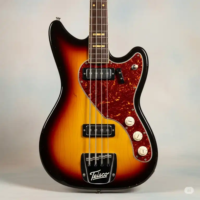 A vintage Teisco bass guitar with a sunburst finish, showcasing its unique design and classic appeal.
