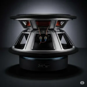 "Front view of a 24 inch bass speaker with its grille removed, showcasing the robust driver."