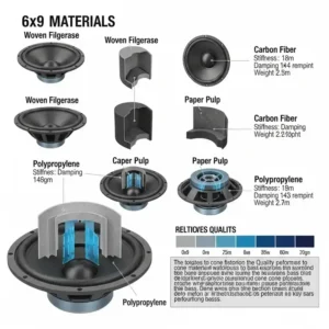 Diagram illustrating various cone materials used in 6x9 car speakers with best bass, emphasizing those that contribute to the best bass quality.