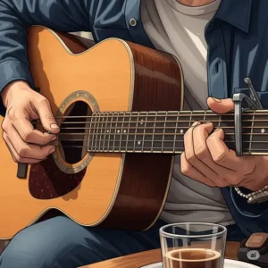 An illustration of a musician playing a steel-string acoustic guitar, which is part of the bass and acoustic guitar family.