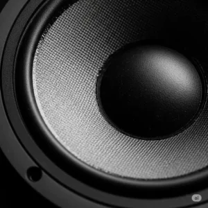 "Close-up of the distinctive cone, designed for deep, resonant low-frequency audio. b&w bass speaker."