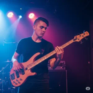 A bassist on stage passionately playing a Cort bass guitar under dynamic stage lights, emphasizing the instrument's performance capability.
