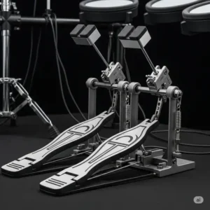 Detailed view of the double bass pedals on an electronic drum set, highlighting their sturdy construction and responsive design for fast drumming.