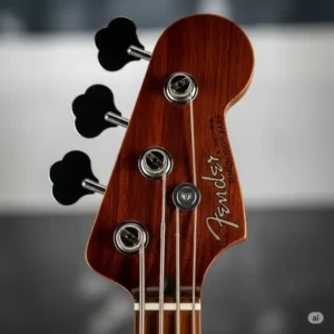 "Detailed view of the Fender Dimension Bass headstock, featuring its distinctive tuning machines and the classic Fender logo."