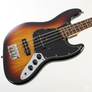 Close-up of a Fender Jazz Bass for sale, highlighting its iconic pickups and chrome hardware.