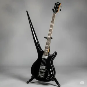 Full body view of a black Gibson RD Standard bass guitar on a stand, highlighting its distinct extended upper horn.