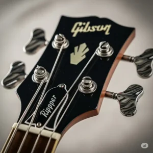 Close-up of the Gibson Ripper bass headstock with the Gibson logo and tuning machines.