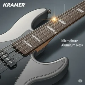 Detailed illustration of a Kramer bass highlighting its unique aluminum neck construction, a key feature for sustain and tone.