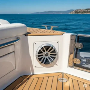 Marine bass speaker expertly installed on a boat deck, demonstrating seamless integration and weather-resistant design for superior sound on the water.