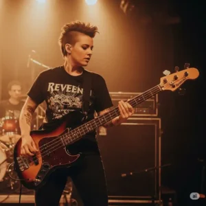 A bassist performing live with a Reverend bass guitar, showcasing its stage presence and ergonomic design.