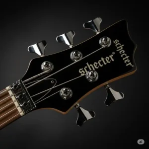 Close-up of the iconic Schecter Diamond Series bass headstock, featuring the brand's logo and high-performance tuning pegs.