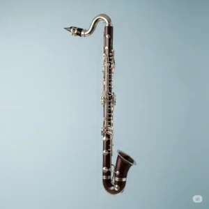 A full-length view of a Selmer bass clarinet, highlighting its impressive size and elegant design from mouthpiece to bell.