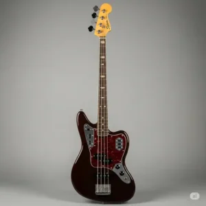 Full front view of a Squier Modified Jaguar Bass, showcasing its sleek design and classic appeal.