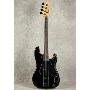 Full view of the Squier Pete Wentz Signature Precision Bass, highlighting its sleek black finish and iconic design.