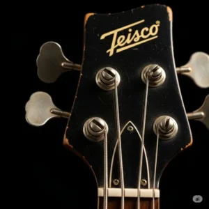 Close-up of a Teisco bass headstock, highlighting the distinct logo and tuning pegs of the iconic instrument.