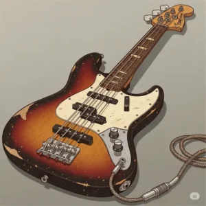  Detailed illustration of a vintage-style bass axe guitar, showcasing its classic body shape and aged finish.
